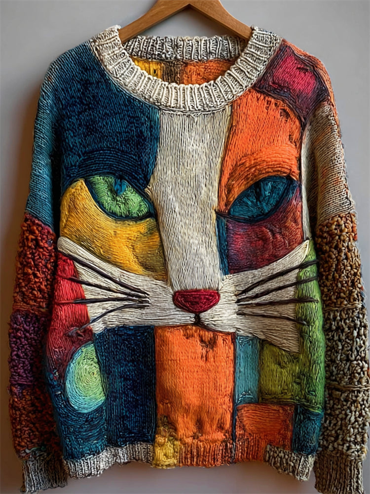 Vintage Cat Face Colorblock Art Cozy Knit Sweater