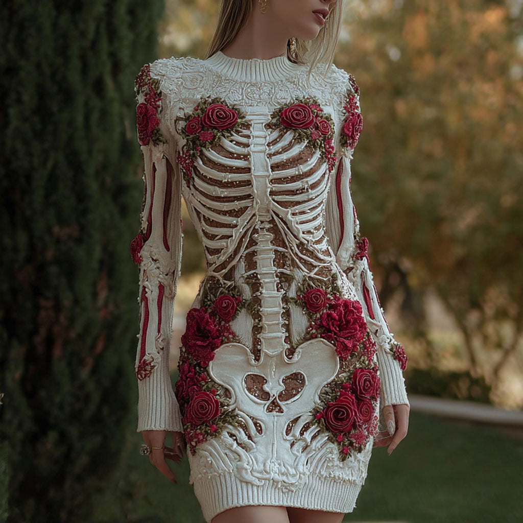 Women's Halloween Skeleton Bones With Rose Art Cozy Knit Mini Sweater Dress artswardrobe