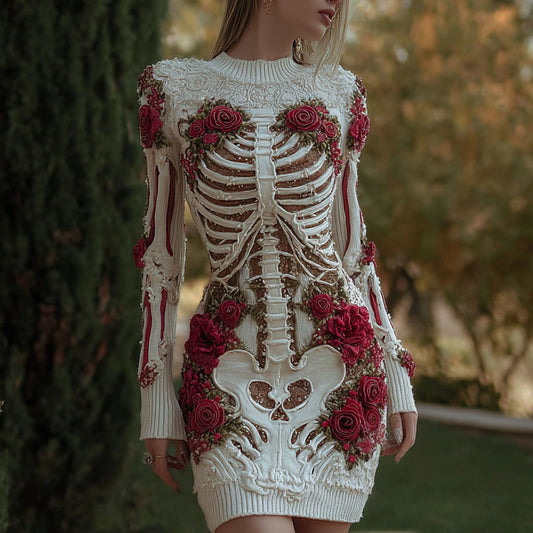Women's Halloween Skeleton Bones With Rose Art Cozy Knit Mini Sweater Dress artswardrobe