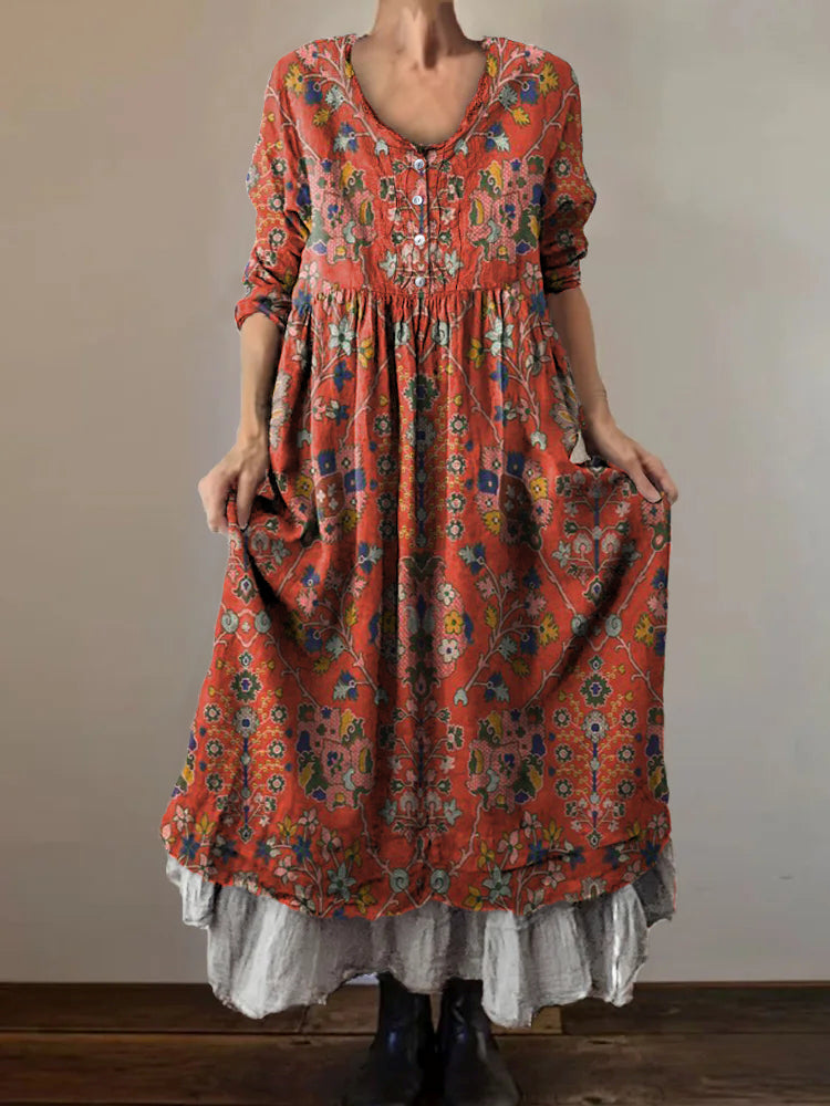 Women's Ethnic Totem Art Print V-Neck Button Pocket Cotton Dress