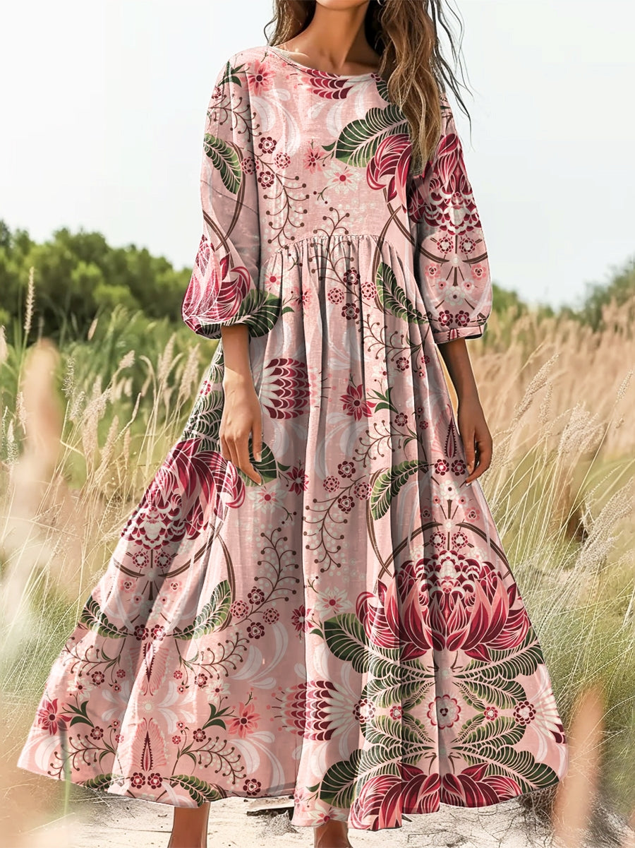 Women's Folk Floral Print Flowy Cotton Crew Neck Dress