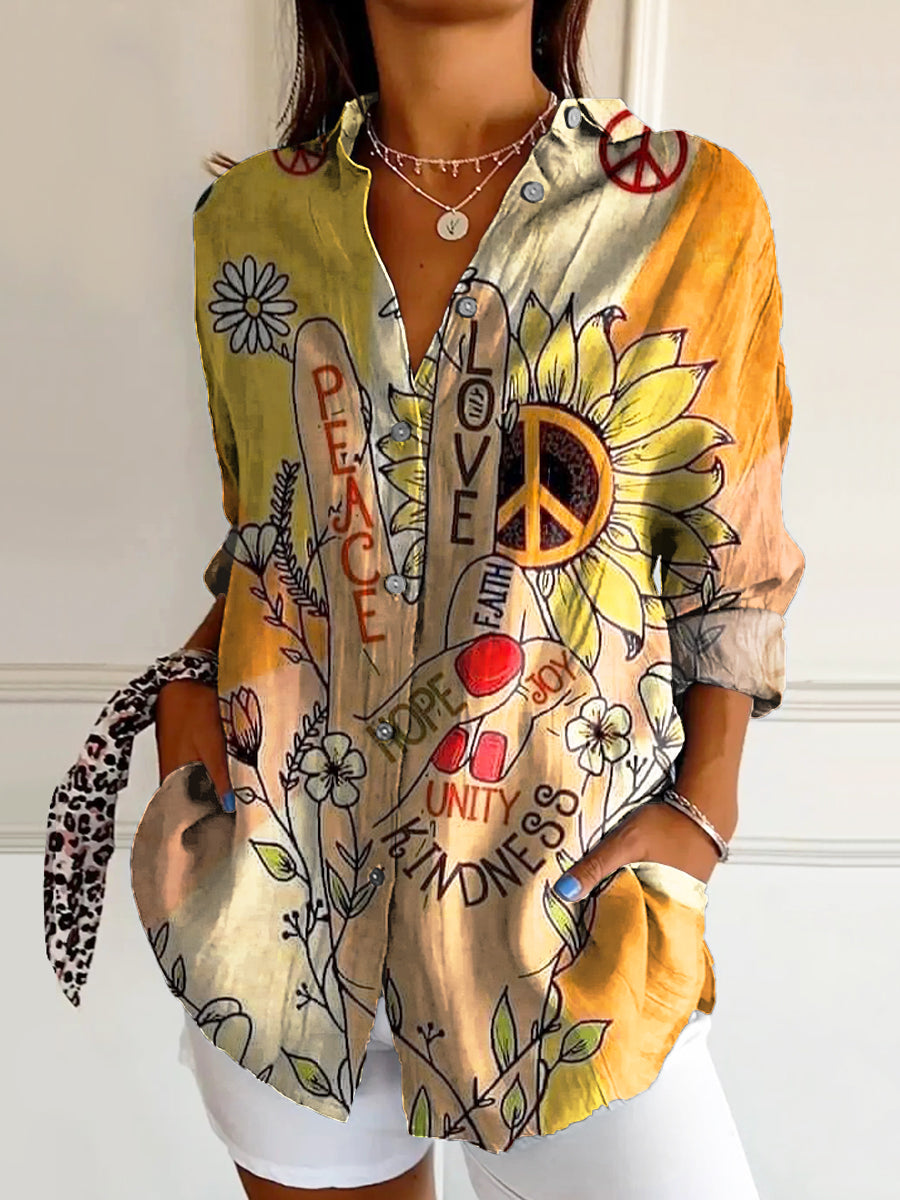 Women's Hippie Peace Love Art Print Casual Cotton Shirt