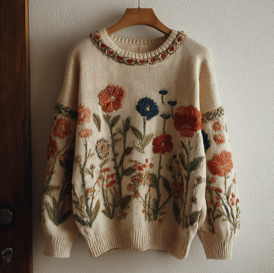 Bohemian Style Plant And Flower Embroidery Pattern Women's Round Neck Knitted Sweater artswardrobe