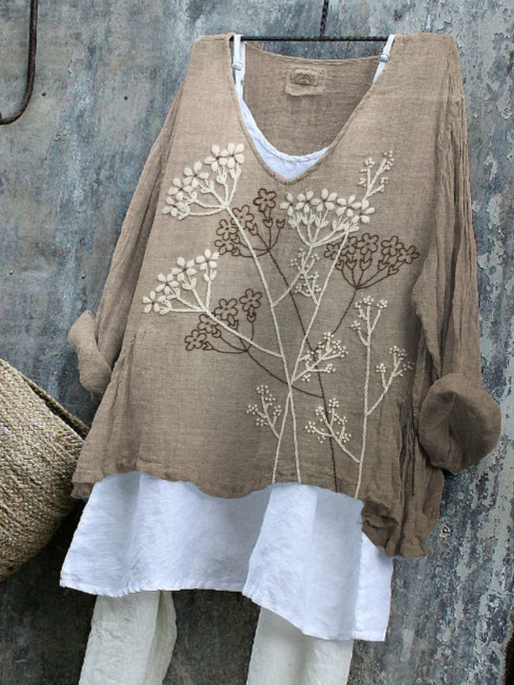 Comstylish Vintage Dandelion Floral Embroidered Linen Blend Tunic