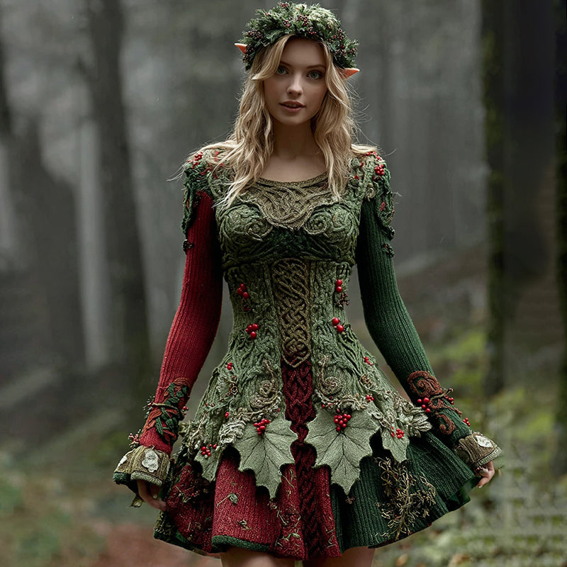 Women's Christmas Holly Leaf Berry Celtic Knot Midi Sweater Dress artswardrobe