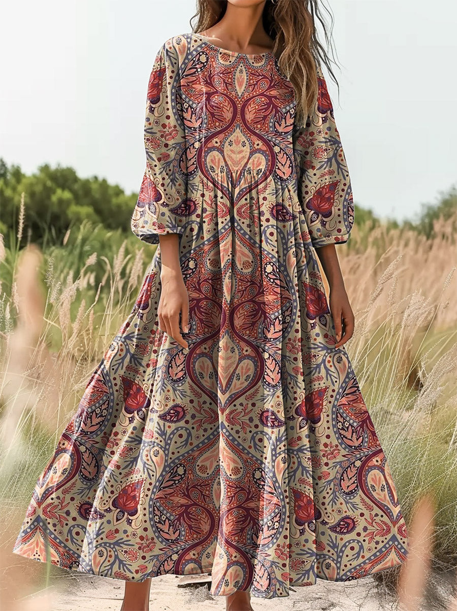 Women's Vintage Bohemian Ethnic Floral Art Print Crew Neck Pocket Cott