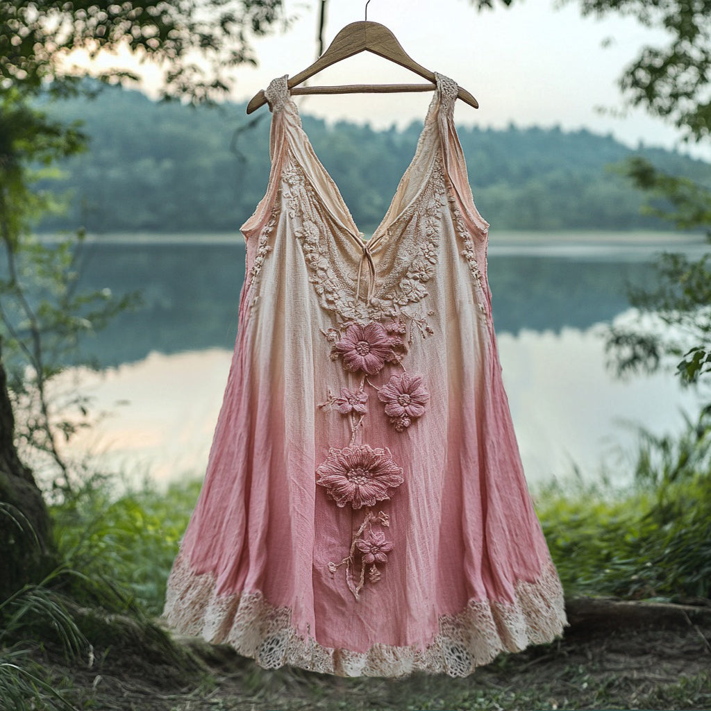 Retro Gradient Japanese Sakura Embroidered Art Lace Linen Tank Top artswardrobe