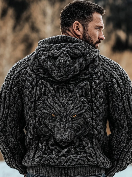Men's Viking Celtic Wolf Knit Chunky Hooded Sweater artswardrobe