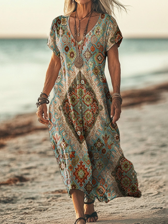 Women's Ethnic Totem Art Print Sleeveless V-Neck Pocket Cotton Dress