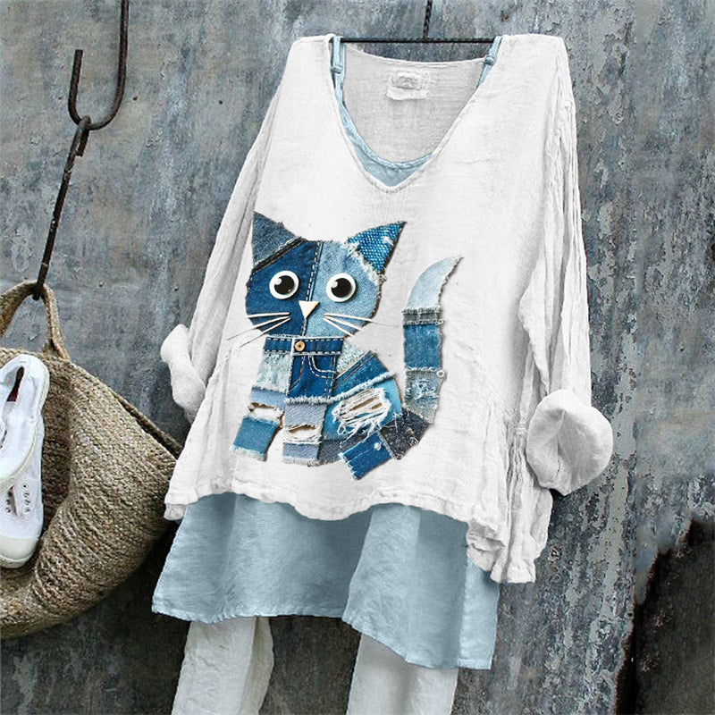 Comstylish Lovely Cat Denim Textile Art Linen Tunic