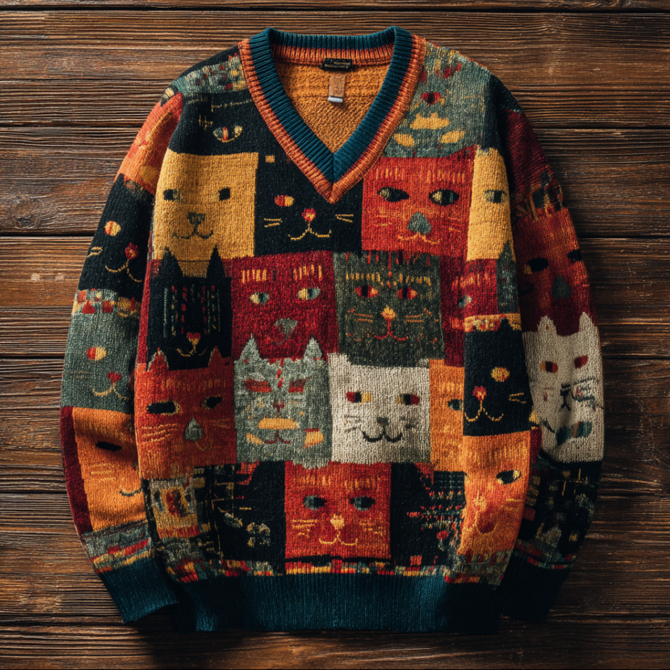 Japanese Art Men's V-neck Cat Pattern Sweater elevenforest