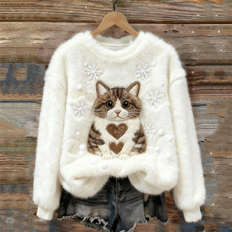 Comstylish Cat With Heart Patterns Snowflakes Embroidered Cozy Plush Sweatshirt
