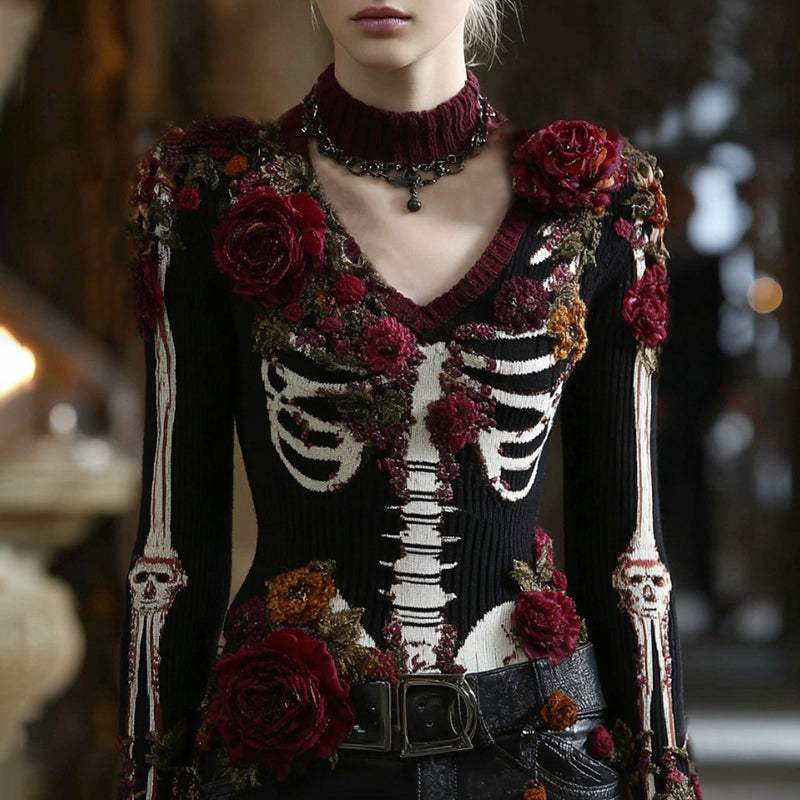 Women's Skeleton Bones Roses Art V Neck Knit Warm Sweater artswardrobe