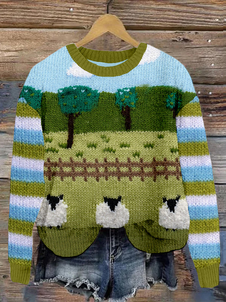 Sheep In The Countryside Pattern Cozy Knit Sweater elevenforest