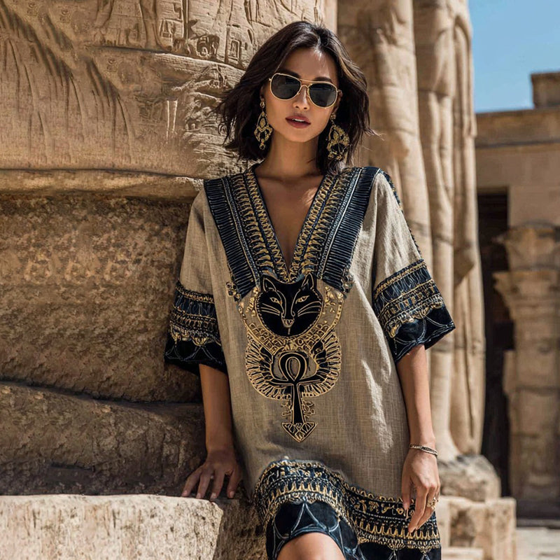 Comstylish Women's Egyptian Black Cat Ankh Art Casual V Neck Linen Dress