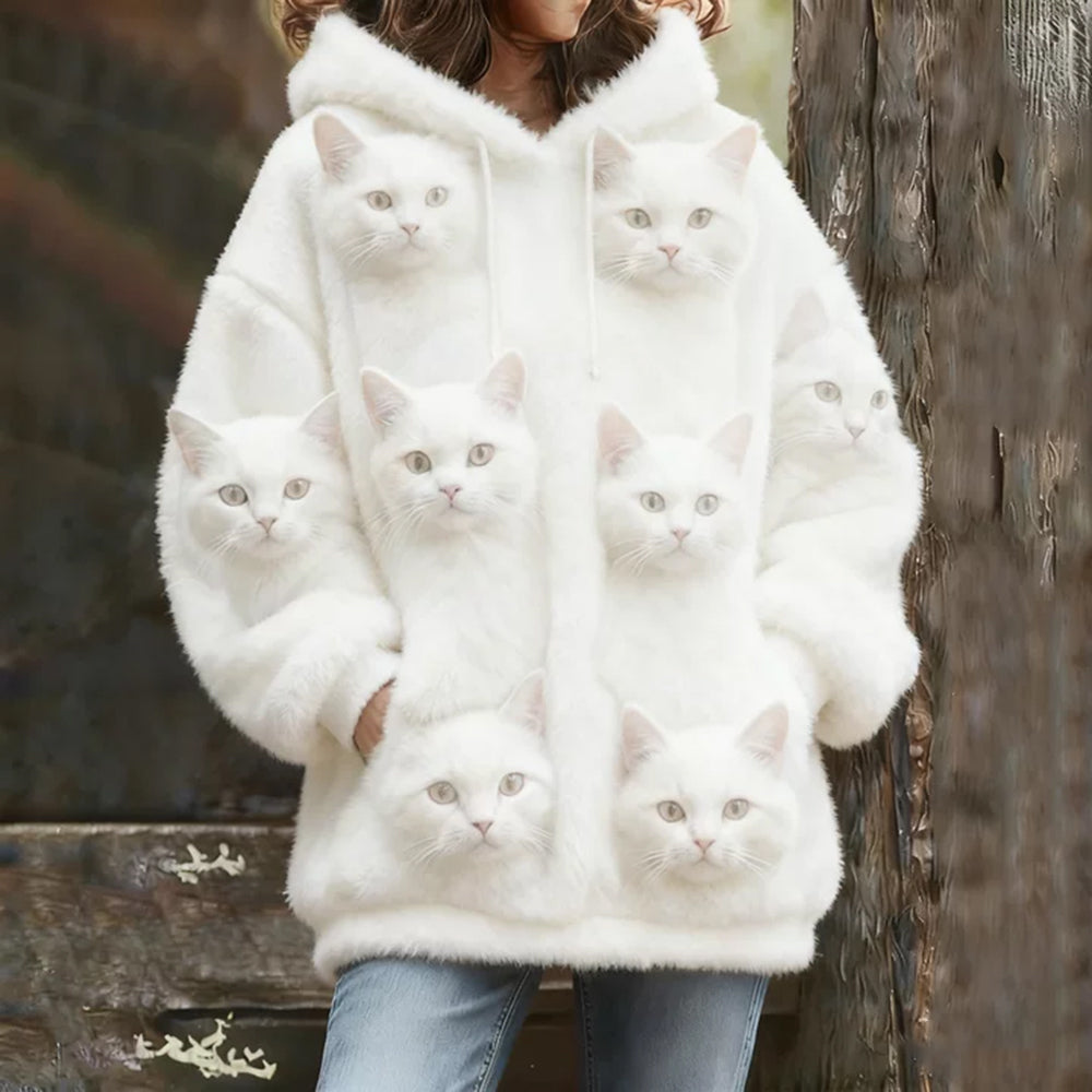 Comstylish Probe Cute Cat Flannel Hoodie