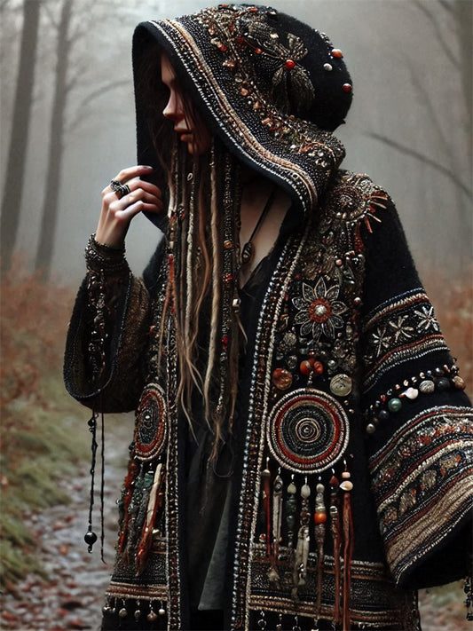 Vintage Western Dream Catcher Ethnic Beaded Cozy Hooded Cardigan artswardrobe