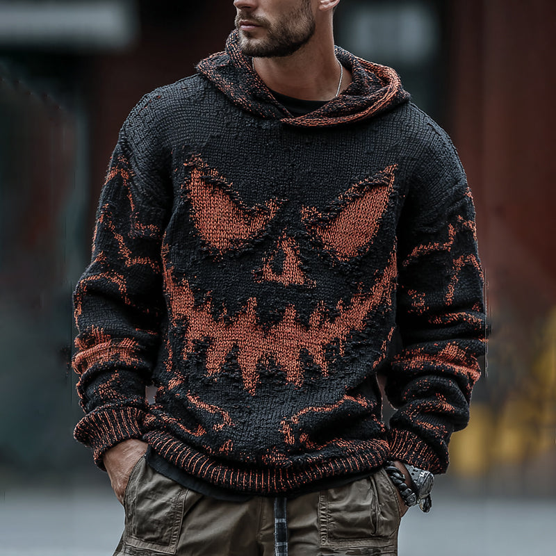 Men's Halloween Spooky Face Art Inspired Knitted Distressed Hooded Sweater artswardrobe