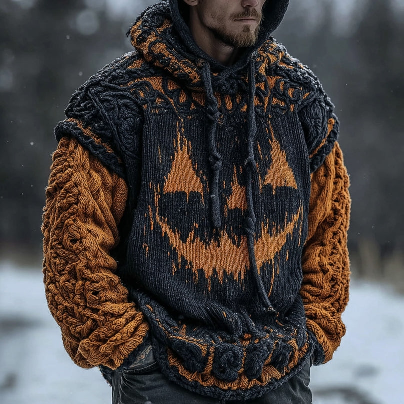 Men's Vintage Halloween Pumpkin Face Contrast Knit Hooded Sweater elevenforest