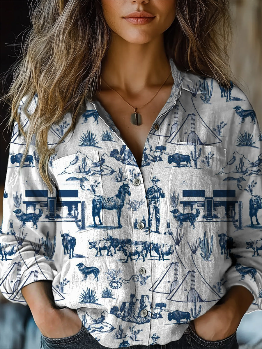 Vintage Western Toile Pattern Printed Women's Casual Long Sleeve Comfo