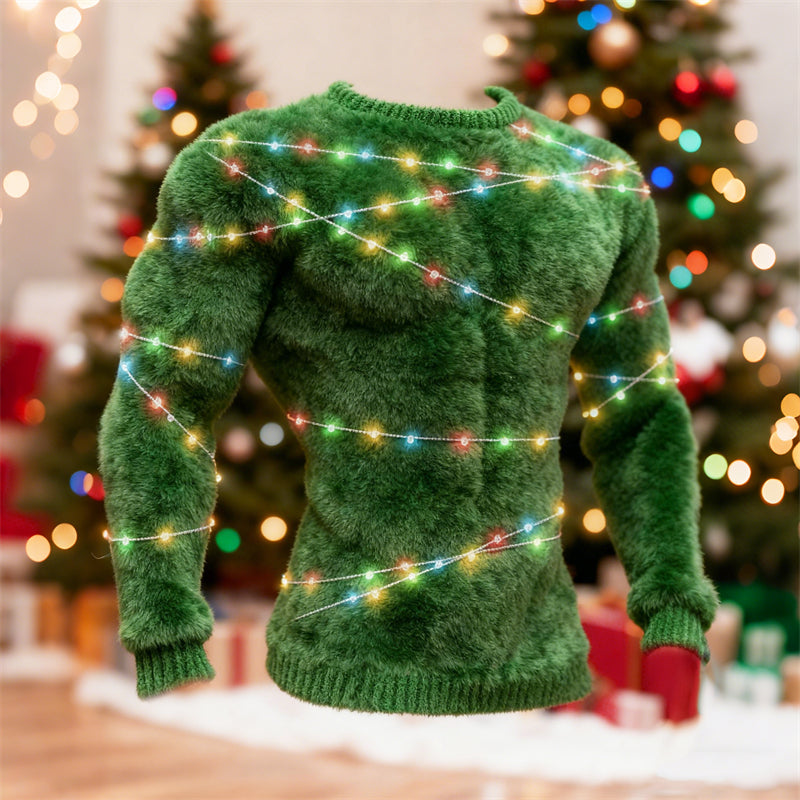 Comstylish Men's Christmas Colorful Lights Embroidered Cozy Plush Sweatshirt