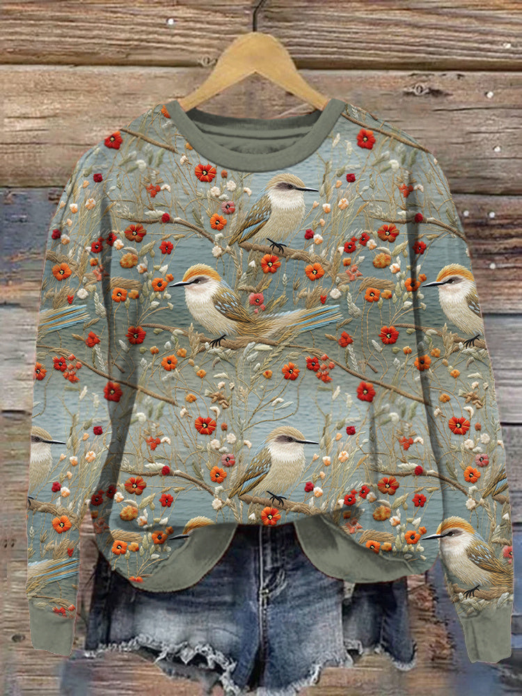 Birds & Flowers Embroidery Art Casual Cozy Sweatshirt artswardrobe