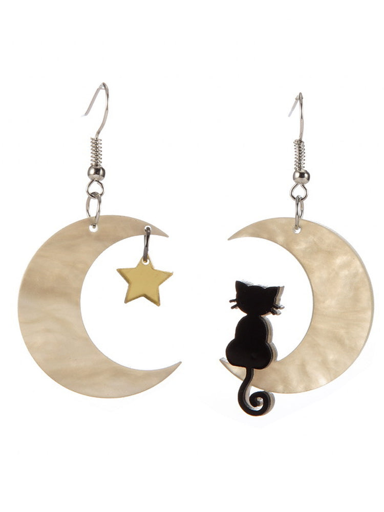 Cartoon Black Cat And Moon Earrings elevenforest