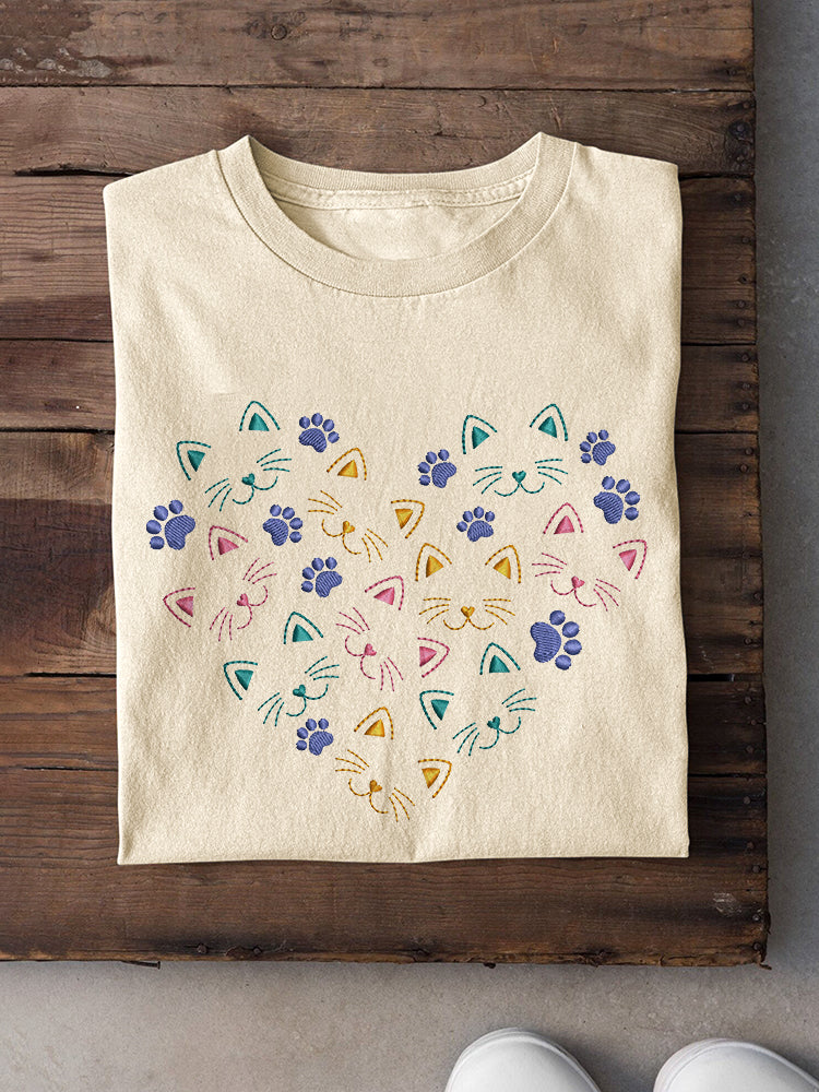 Comstylish Cute Cat Embroidery Pattern Casual Cotton Short Sleeve T-Shirt