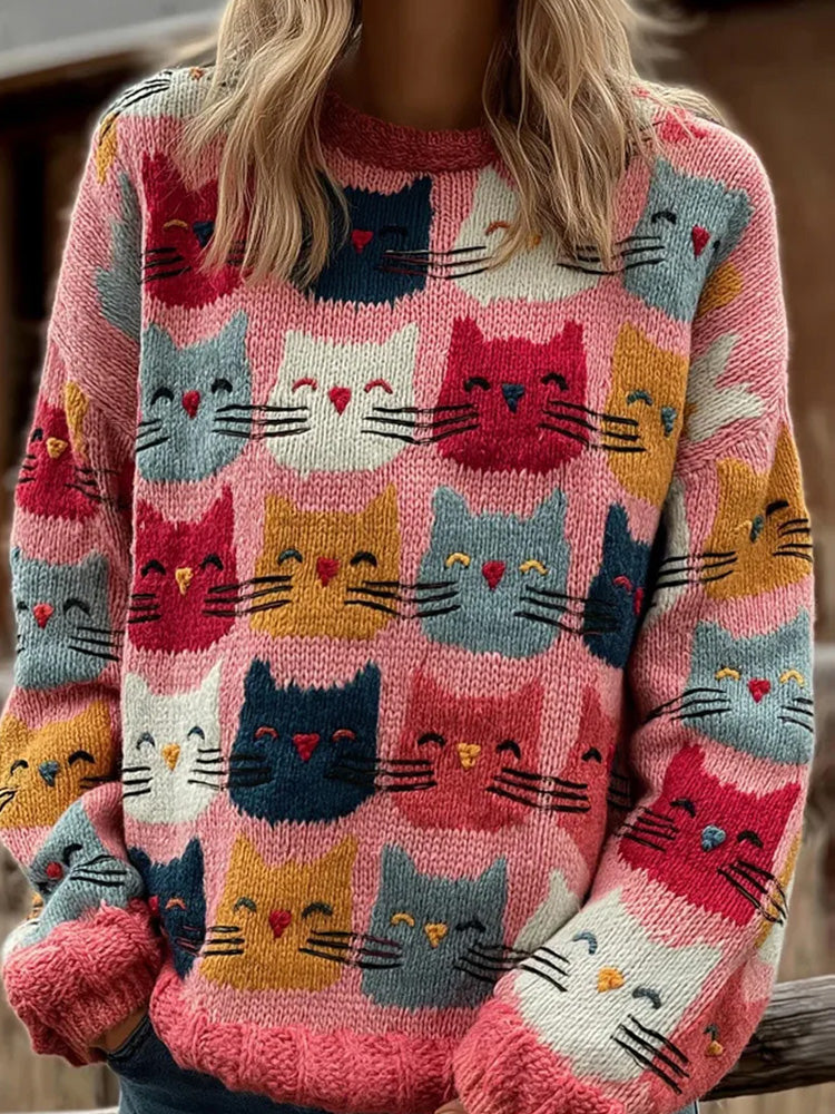 Women's Vintage Cat Art Print Sweater elevenforest