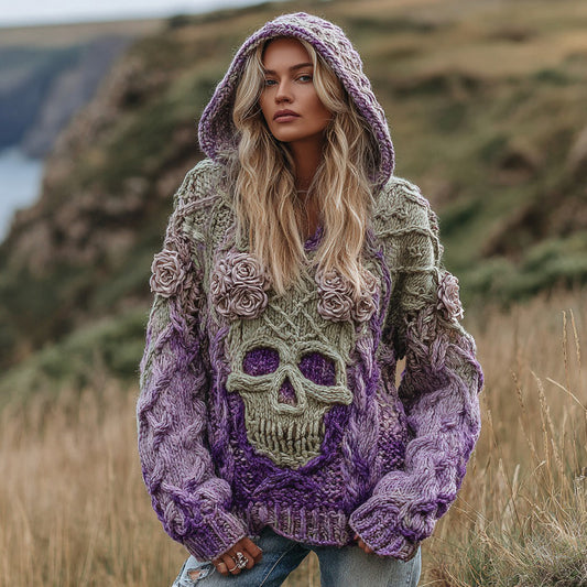 Women's Rose And Skull Inspired Cable Knit Jacquard Hooded Sweater elevenforest