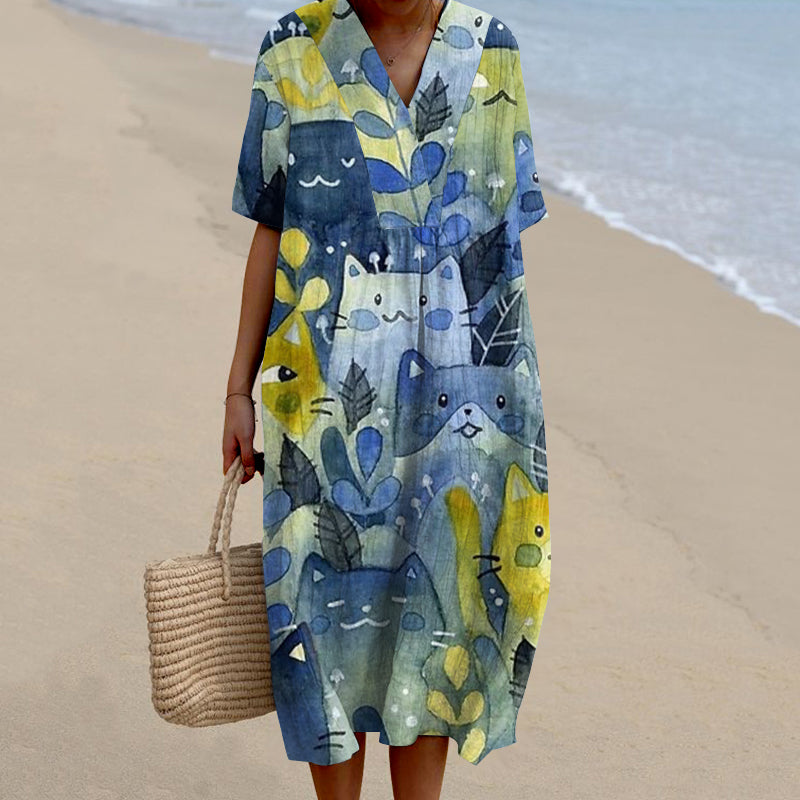 Women's Watercolor Cat Art Print V-neck Dress artswardrobe