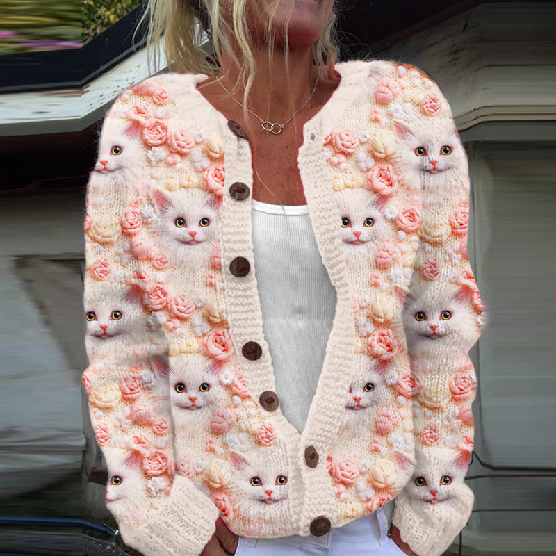 Vintage Flower Cat Embroidery Knitted Warm Cardigan Sweater elevenforest