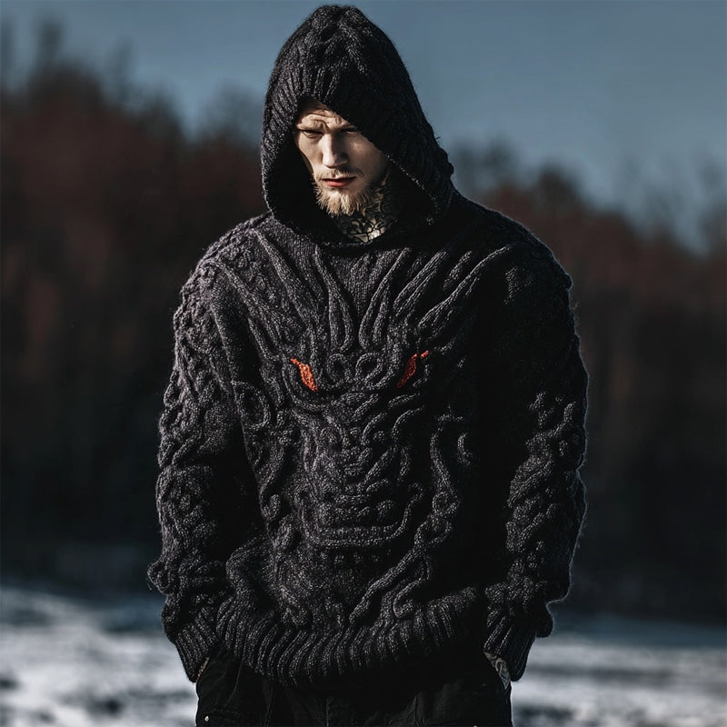 Men's Vintage Dragon Viking Celtic Chunky Hooded Sweater artswardrobe