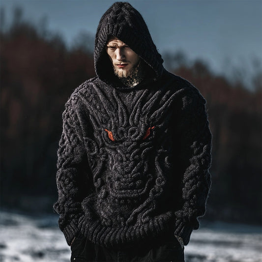 Men's Vintage Dragon Viking Celtic Chunky Hooded Sweater artswardrobe