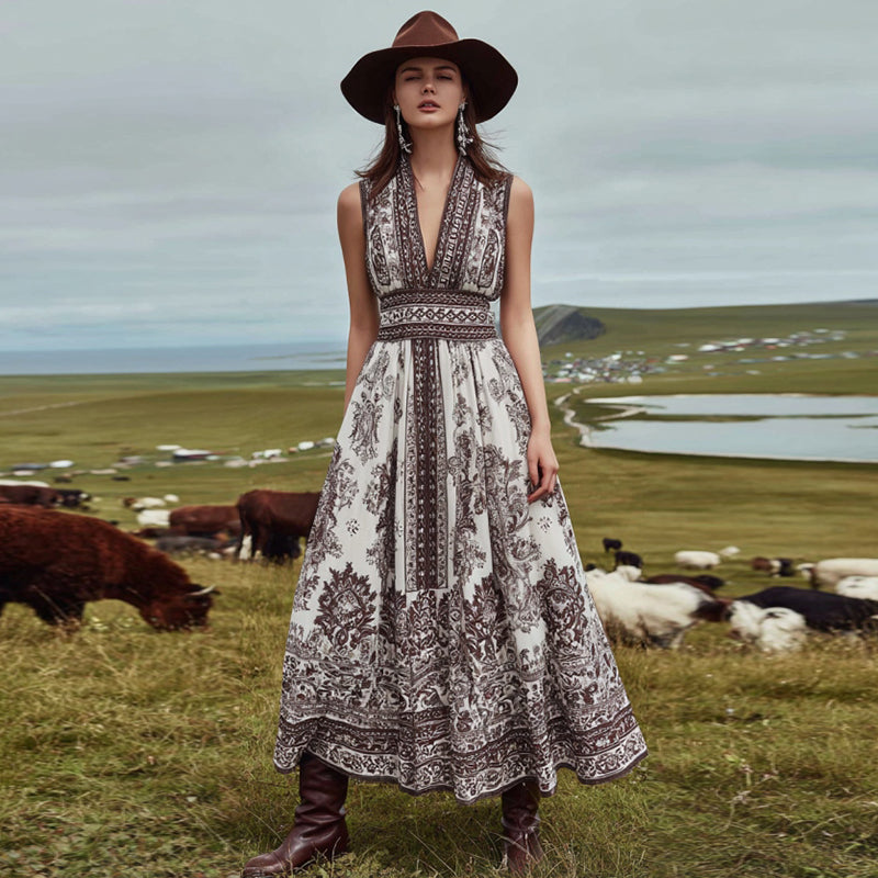 Women's Vintage Western Paisley Print Tank Midi Dress artswardrobe