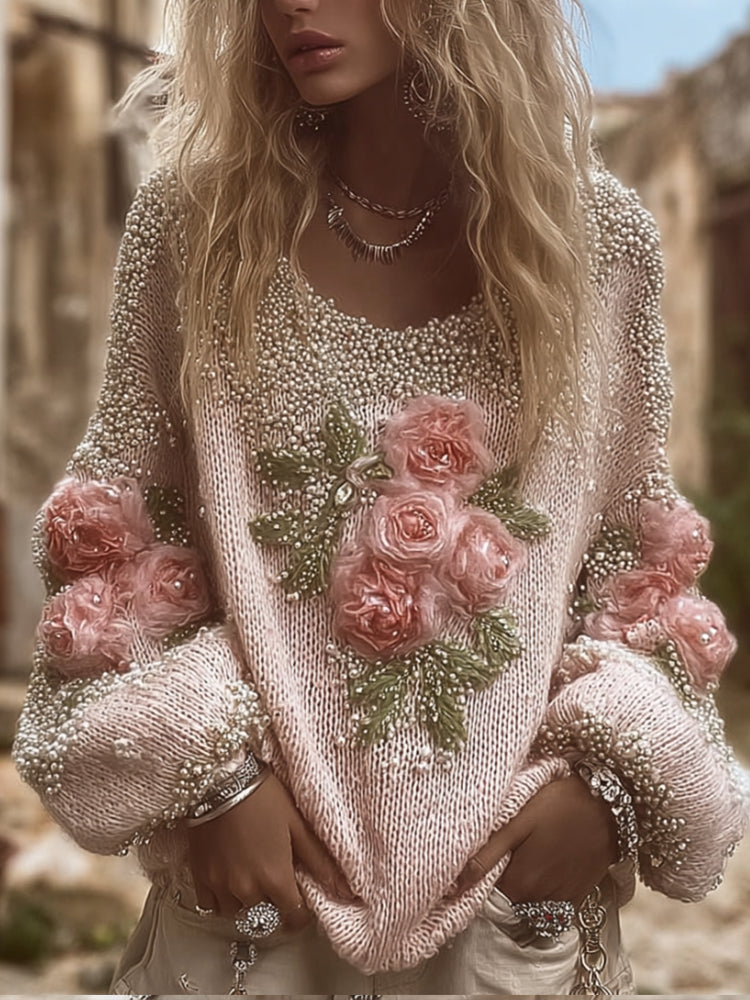 Women's Flower Vintage Round-neck Thick Sweater artswardrobe