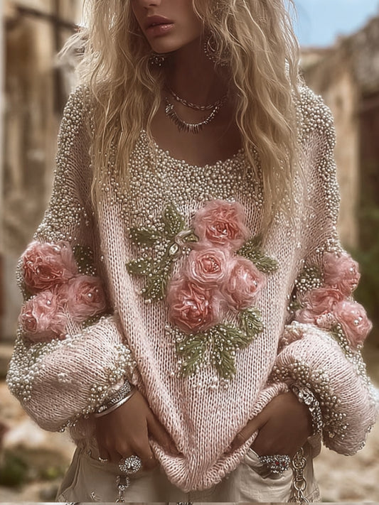 Women's Flower Vintage Round-neck Thick Sweater artswardrobe