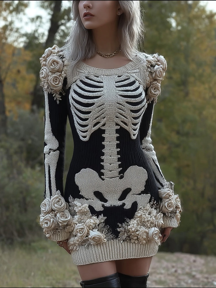 Classy Skeleton Roses Embroidered Sweater Mini Dress artswardrobe
