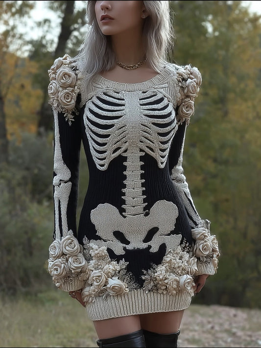 Classy Skeleton Roses Embroidered Sweater Mini Dress artswardrobe