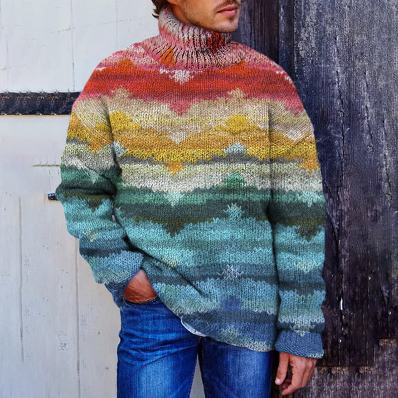 Men's Vintage Warmth Rainbow Pullover Knitted Turtleneck Sweater elevenforest