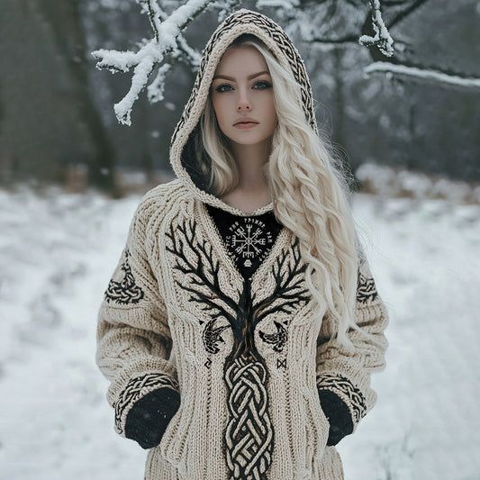 Women's Viking Tribal Tree Of Life Celtic Mythology Chunky Knit Hooded Sweater artswardrobe