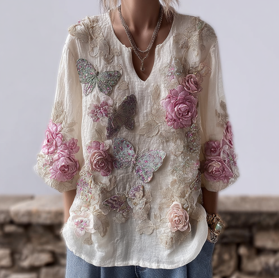 Comstylish Bohemian Style V-neck Butterfly And Flower Embroidery Cotton And Linen Short Sleeve
