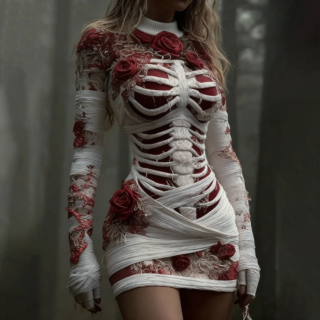 Women's Vintage Red Rose Skeleton Art Knit Mini Sweater Dress artswardrobe