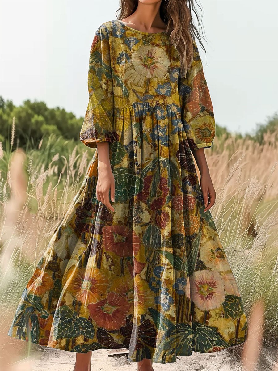 Women's Vintage Ethnic Floral Print Flowy Round Neck Pocket Cotton Dre