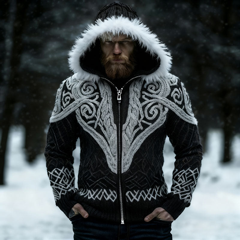 Men's Viking Celtic Knot Art Cozy Fur Collar Knit Hooded Sweater Jacket artswardrobe