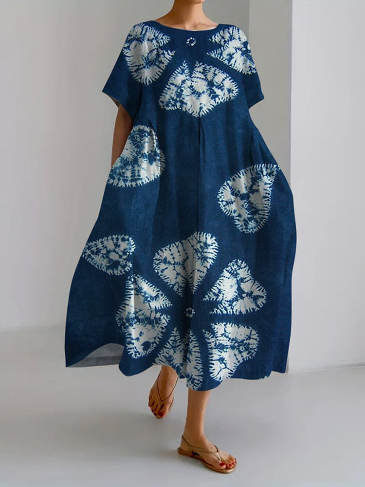 Tie Dye Flower Art Print Short Sleeve Casual Midi Dress