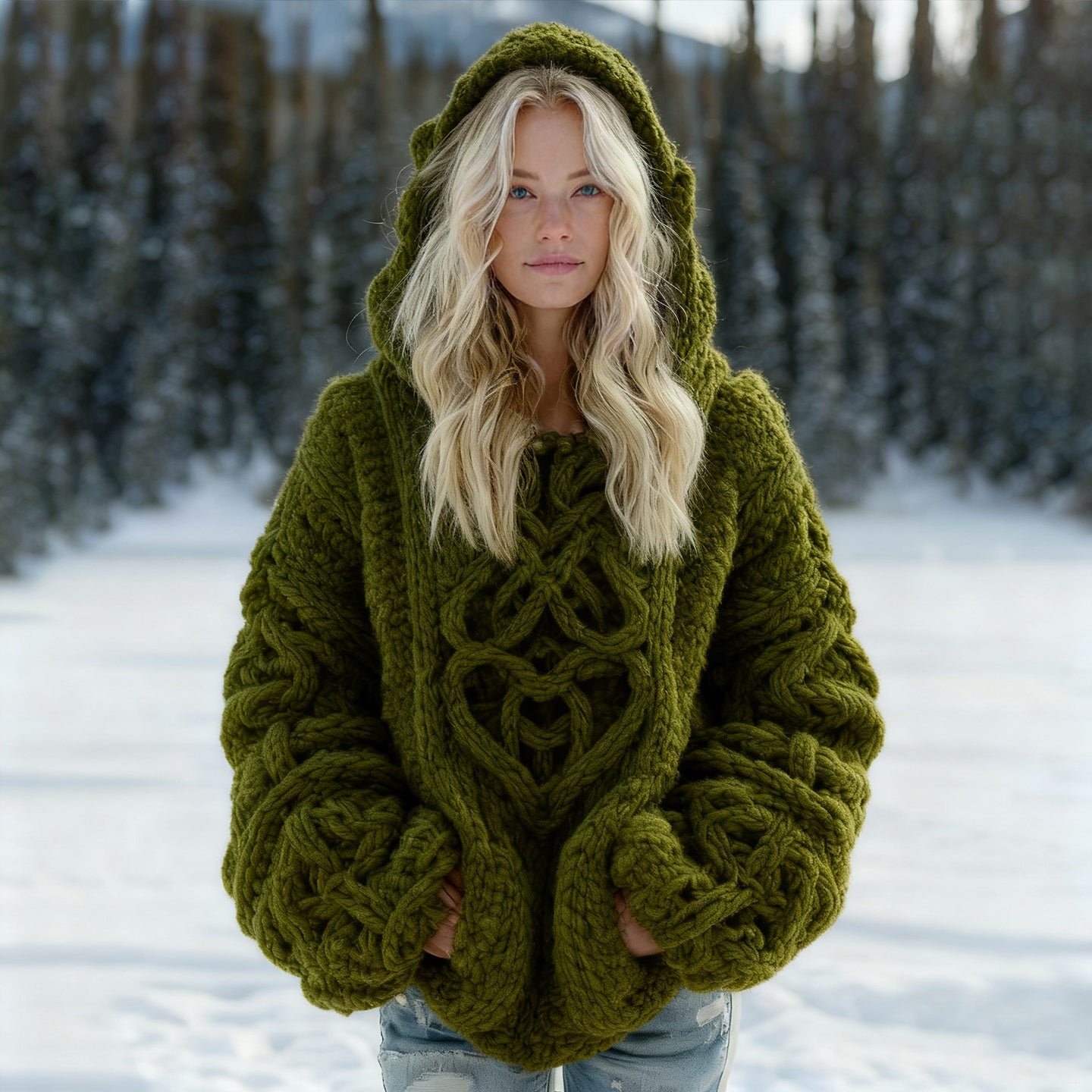 Women's Vintage Viking Celtic Knot Pattern Cozy Knit Hoodie Sweater artswardrobe