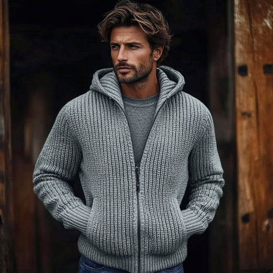 Men's Vintage Solid Color Zip Pocket Hooded Sweater elevenforest