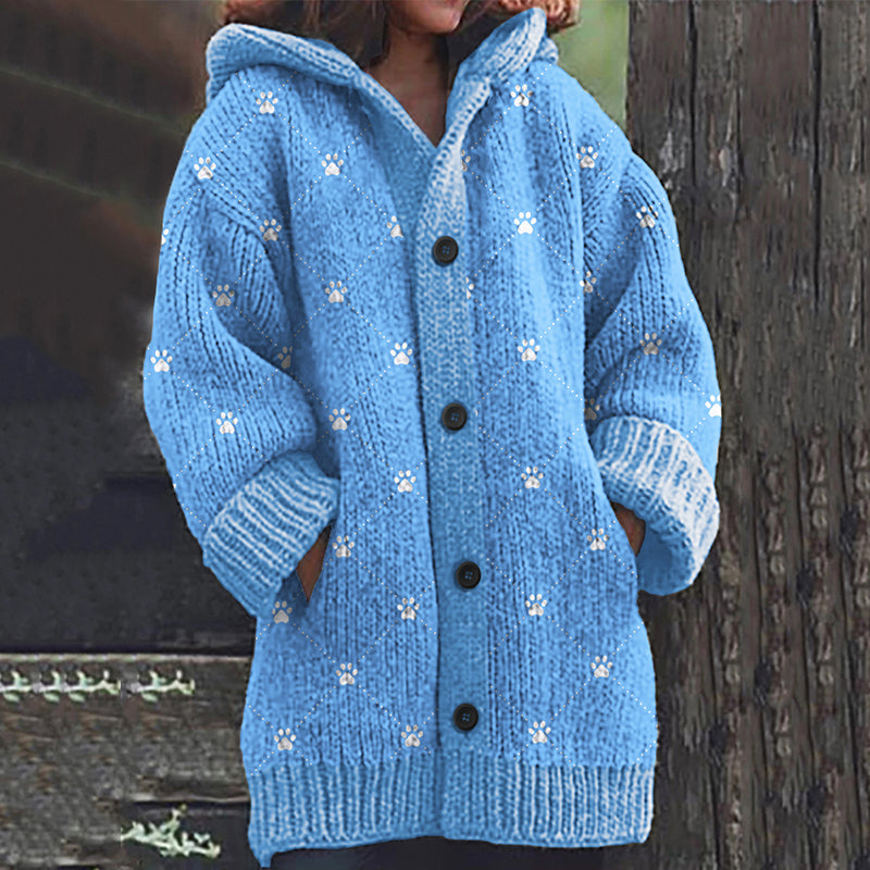 Comstylish Dog Paw Print Long Sleeve Knitted Hooded Cardigan