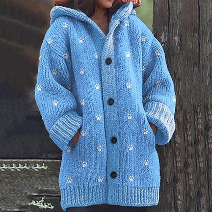 Comstylish Dog Paw Print Long Sleeve Knitted Hooded Cardigan